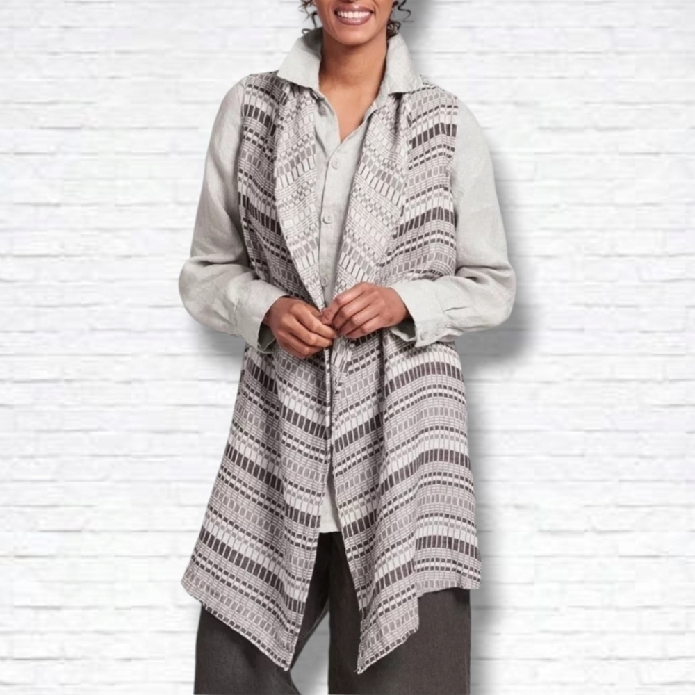 FLAX Designs Linen Blend Enwrap Waterfall Vest in Mosaic Pattern Size M